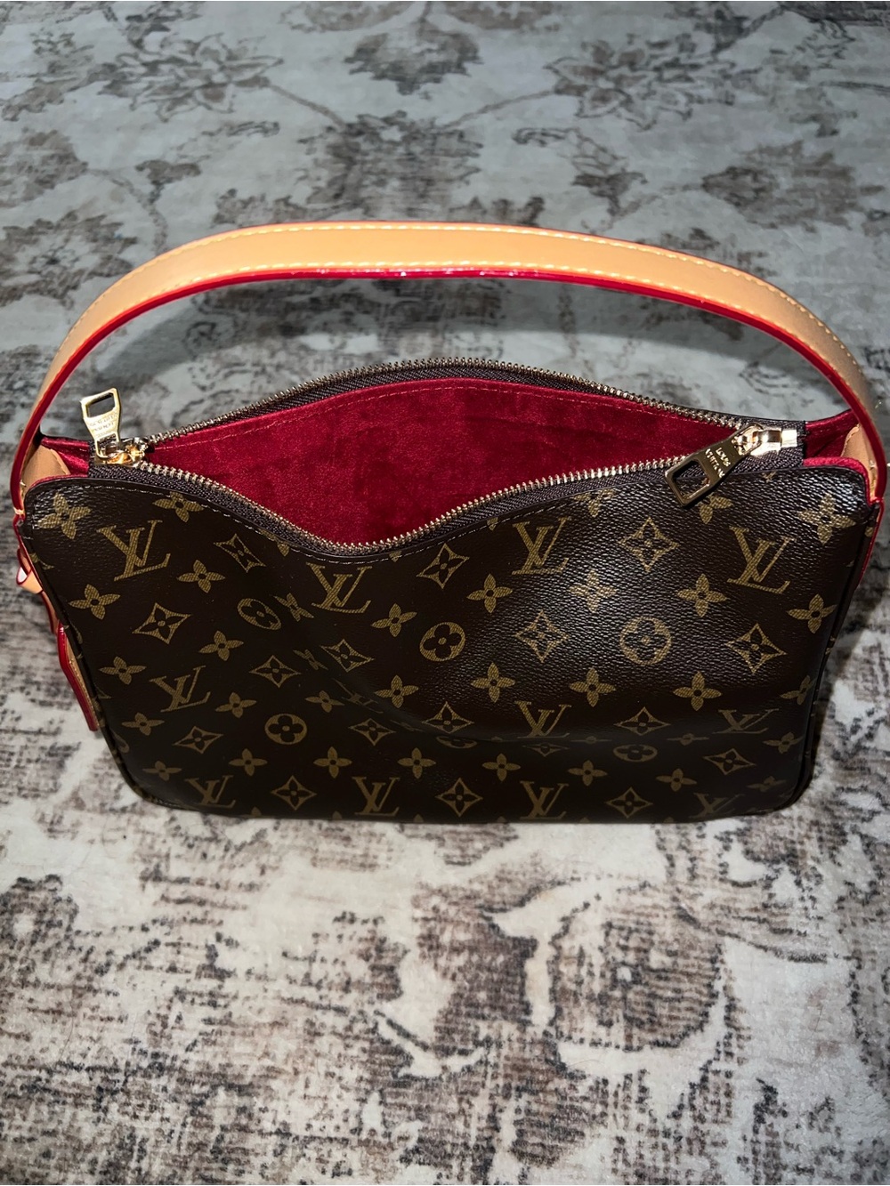 FAUX Louis Vuitton Brown Monogram Shoulder Bag with Red Suede Interior
